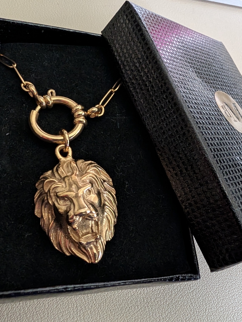 Lion Head paper clip chain necklace 14k gold plated